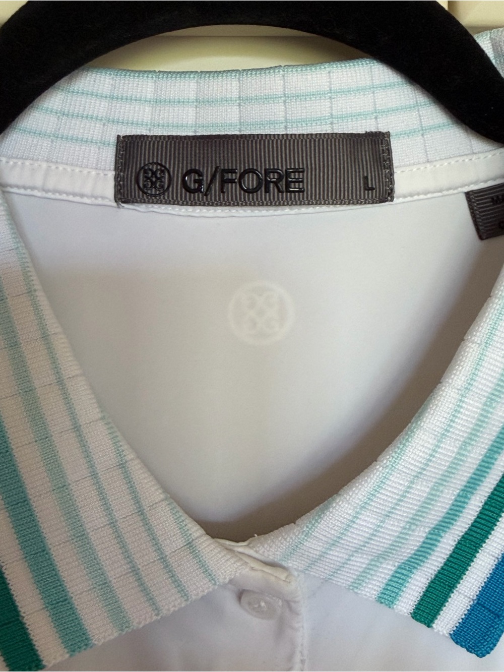 G/FORE White Sleeveless ladies Polo Tank with Teal and Aqua Striped Collar: L - Picture 3 of 4